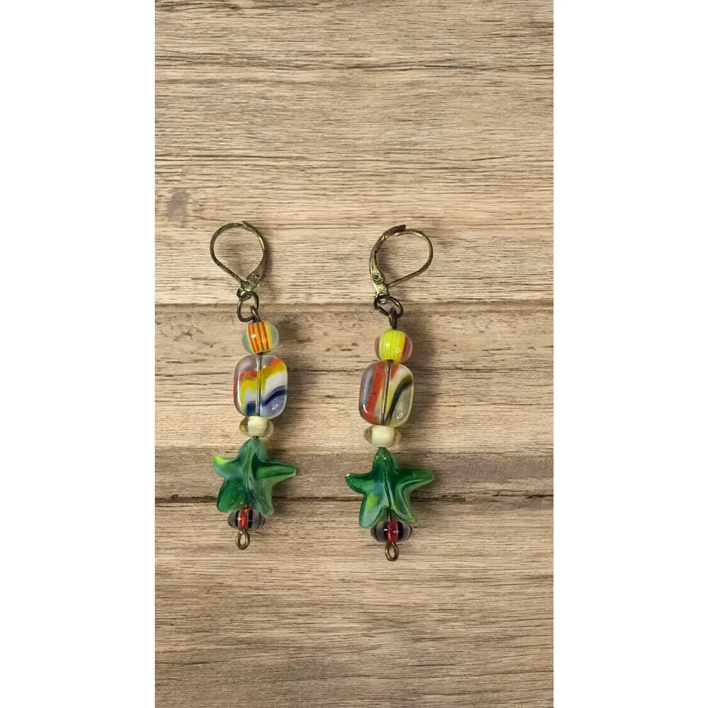Art Glass Star Dangle Earrings Multicolor Lampwork Beaded Whimsical Artisan
